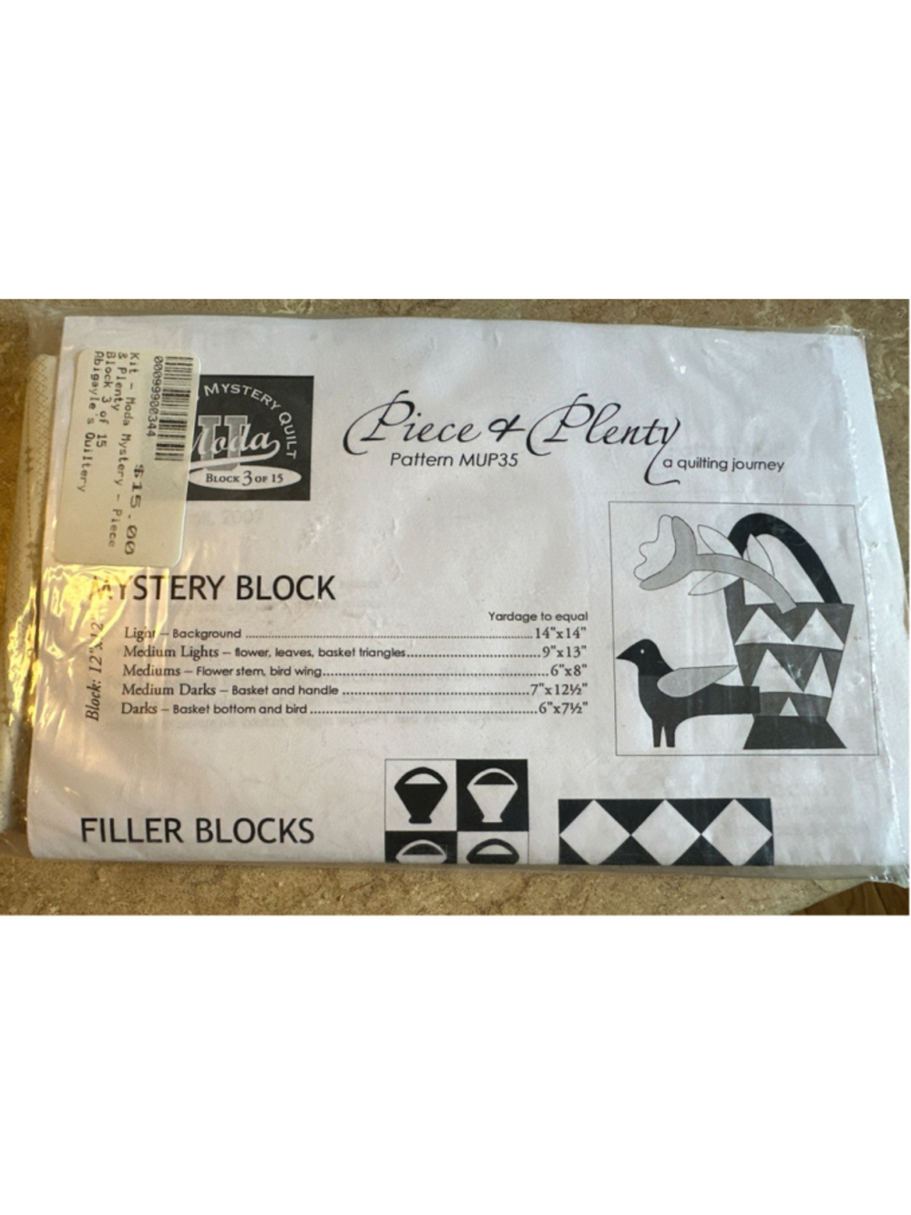 Rare Moda Piece & Plenty Quilt Pattern Kit MUP35 Block 3 Folk Art Basket Bird